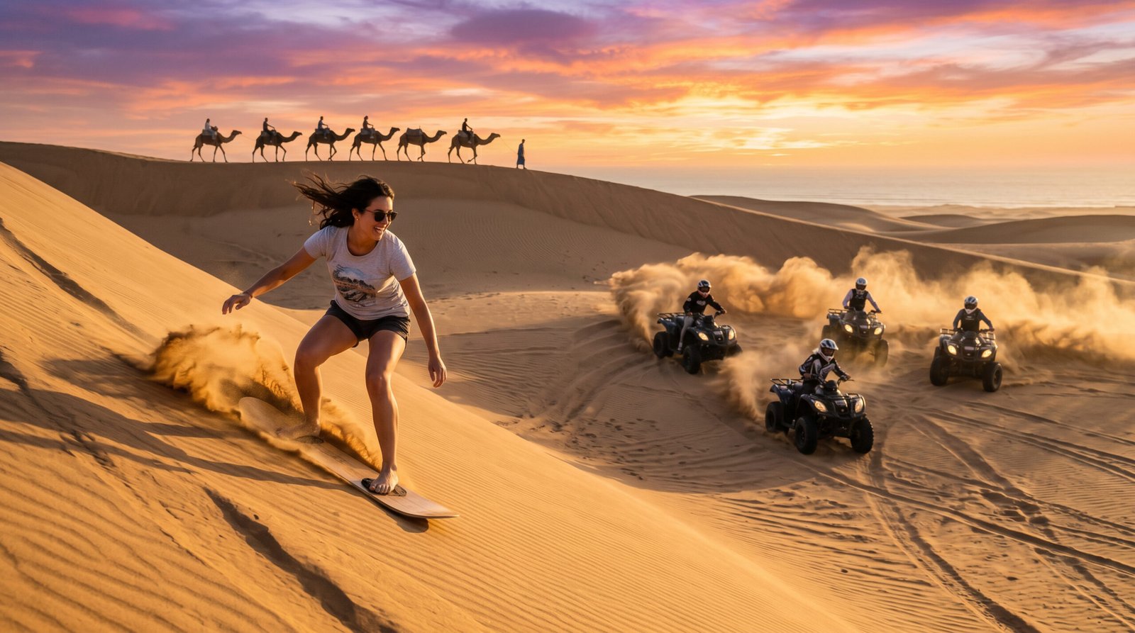 Sunset Sandboarding, Camel Ride & Quad Bike  From Agadir & Taghazout